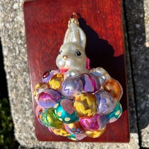 Large Christopher Radko Hand-Painted Bunny Glass Ornament with Colorful Eggs